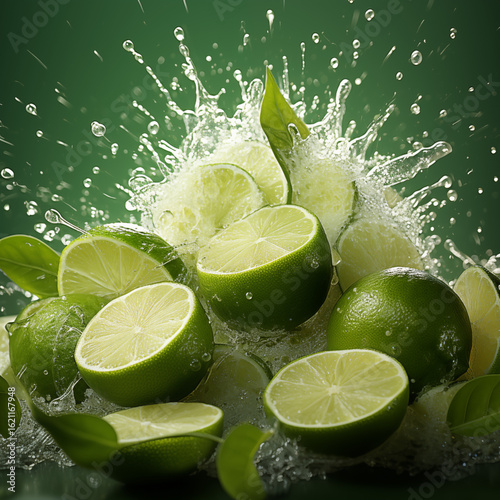 Fresh Lime Splash Explosion with Water Droplets and Green Leaves. Juicy Citrus Fruit Burst in Mid-Air on Green Background. Refreshing Summer Concept with Realistic Detail and Motion.