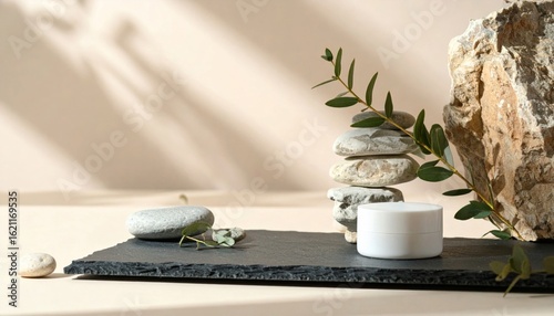 Minimalist Still Life Displaying Skincare Product on Stacked Rocks and Greenery