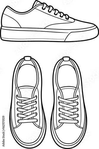 Stylish sneaker design, top view, side view, footwear vector, fashion illustration, shoe outline, trendy casual style, creative artwork, drawing