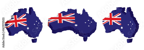 An illustrated collage of the Australian flags and maps depicts their national symbols and geographic shapes