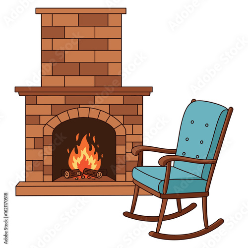 Cozy brick fireplace with blue rocking chair and burning fire