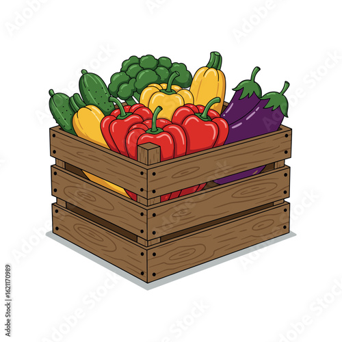 Wooden box with fresh vegetables including peppers, eggplant, cucumbers, zucchini, and broccoli