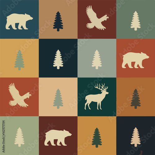 Retro woodland wildlife and forest pattern with bears eagles and deer