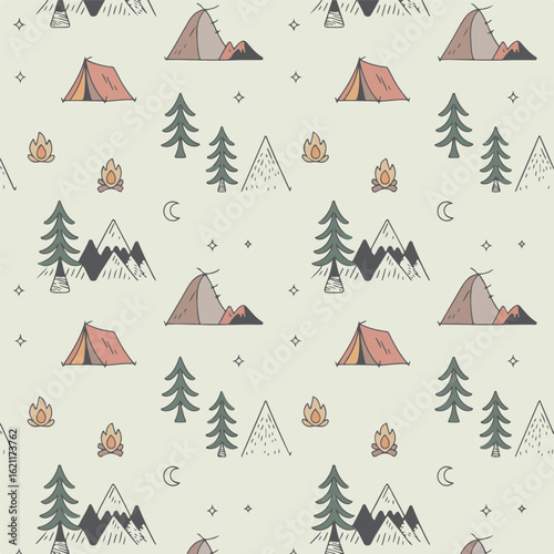 Whimsical hand drawn camping scene with mountains and tents seamless pattern