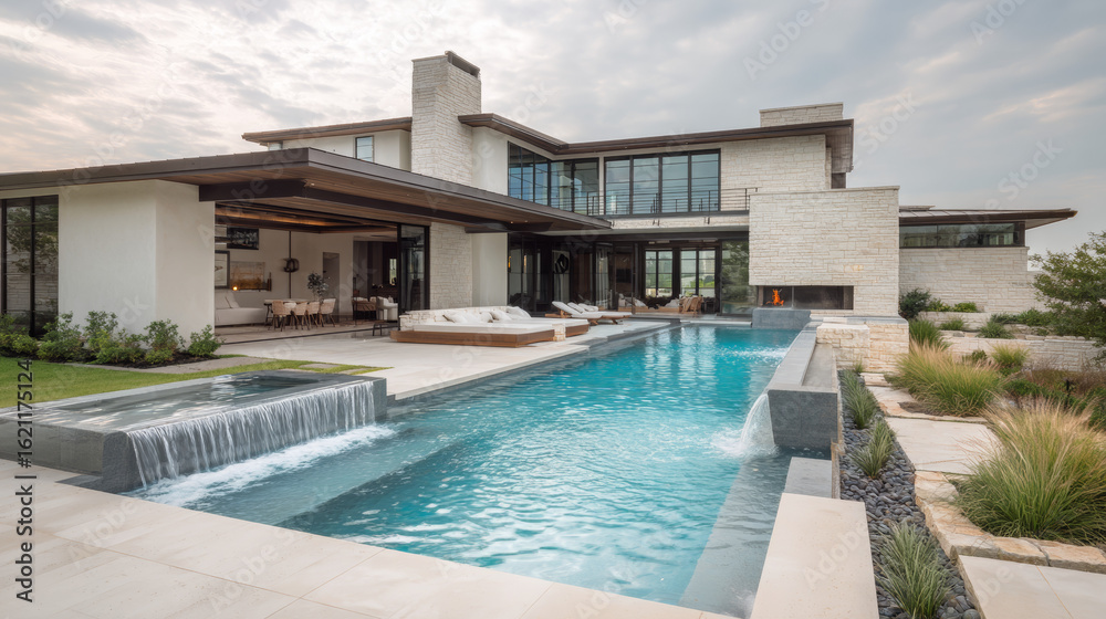 Fototapeta premium Elegant Modern Texas Villa with Infinity Pool, Lounge Beds, and Outdoor Fireplace in Luxury Minimalist Style