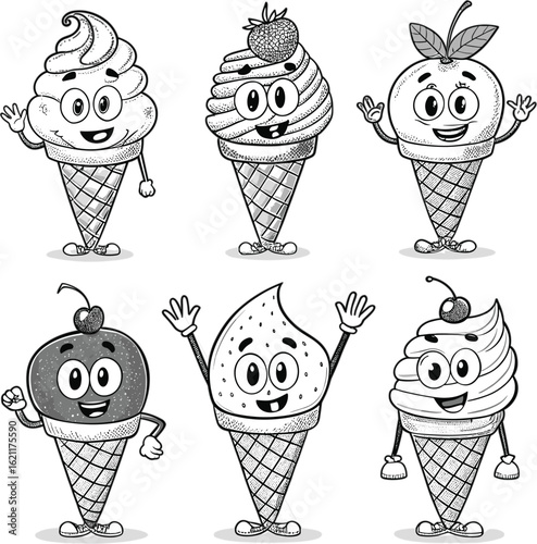 Collection of six happy cartoon ice cream cones with faces and limbs