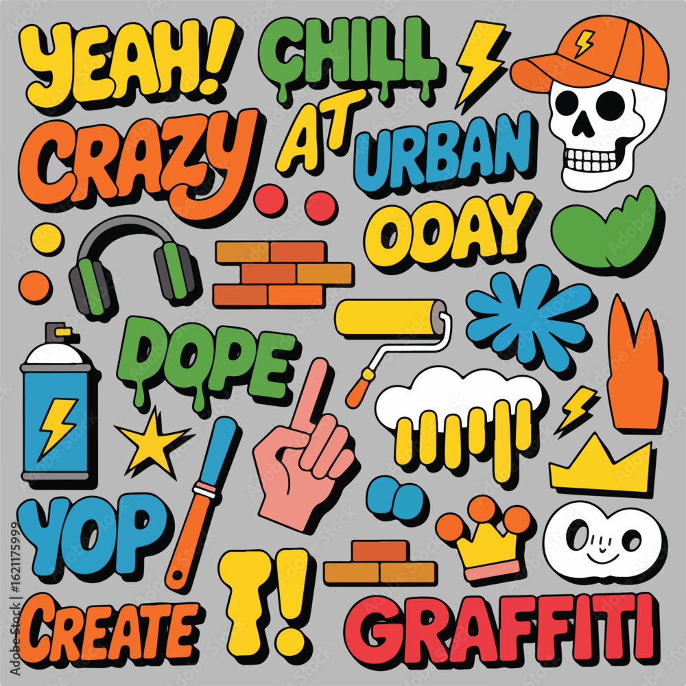 Fototapeta premium Vibrant graffiti art collection with urban slang and pop culture elements
