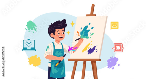 Cartoon Artist painting with paintbrush on canvas, creating vibrant artwork, illustration art, full body, smiling face and colorful background