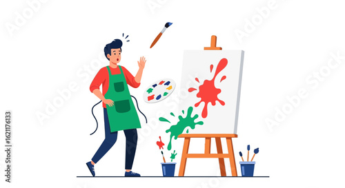Cartoon artist accidentally splattering paint onto canvas during an art session mishap