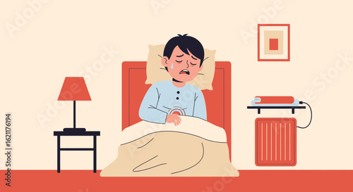 Cartoon Boy Feeling Abdominal Discomfort in Bed at Home Resting In Pain