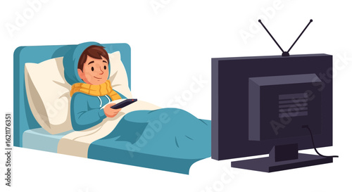 Cartoon Character Watching Tv While In Bed Suffering From Flu Illness