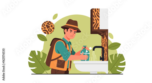 Cartoon Hiker Washing Disinfecting Bottle Near Washstand During Hiking Trip