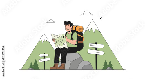 Cartoon hiker with backpack reading a map amidst mountains and signposts illustration