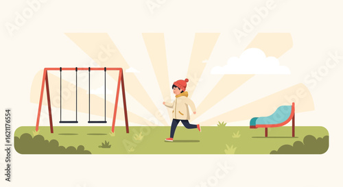 Cartoon illustration depicting a child running happily on a playground with swings and a slide, set against a sunny background