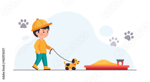 Cartoon illustration depicting a boy walking his toy dog near a sandbox and playful paw prints