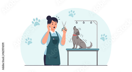 Cartoon illustration depicting a surprised dog groomer and an excited dog on a grooming table