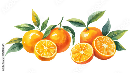 Vibrant watercolor oranges and leaves evoke fresh, healthy eating, perfect for summer recipes, juice ads, or wellness branding with natural citrusy vibes