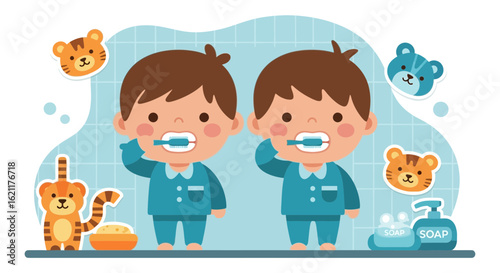 Cartoon Illustration Featuring Twin Boys Brushing Their Teeth Daily With Tiger Toys