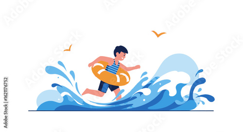 Cartoon Illustration of a Boy Running in Waves with a Swimming Tube on a Summer Day