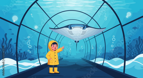 Cartoon illustration of a boy in an underwater tunnel watching a manta ray gracefully swim by creating a sense of wonder