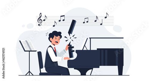 Cartoon illustration of a frustrated pianist breaking a piano key during practice session