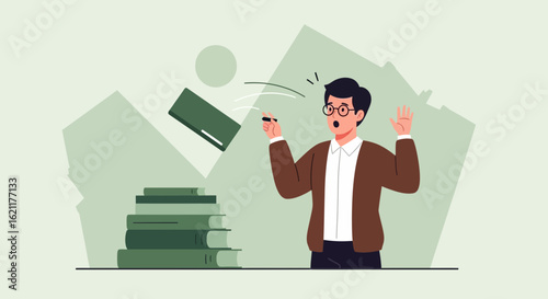 Cartoon illustration of a man dropping books, concept of studying and learning, mistake and surprise, stress and education, isolated design