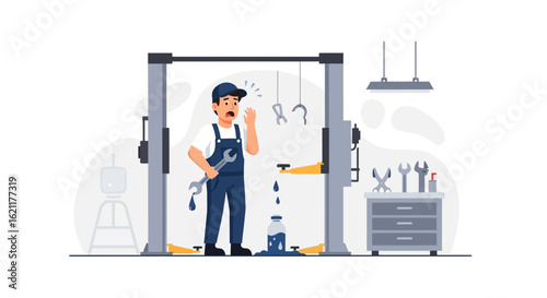 Cartoon Illustration of a Surprised Mechanic in Auto Repair Shop with Oil Leak