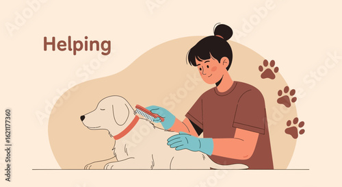 Cartoon illustration of a woman grooming a dog, showing care and companionship in a simple vector style graphic element