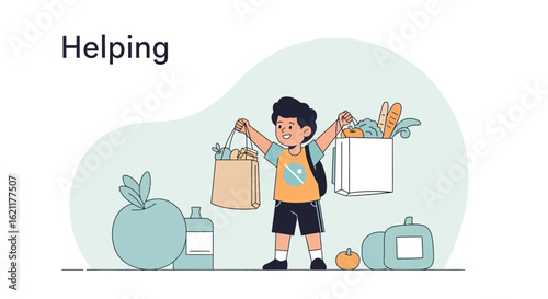 Cartoon illustration of a young boy helping with groceries with smile expression