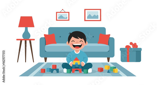 Cartoon illustration of a young boy playing with colorful building blocks in a cozy living room