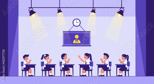 Cartoon illustration of students participating in a competition on stage at school with lights and a screen