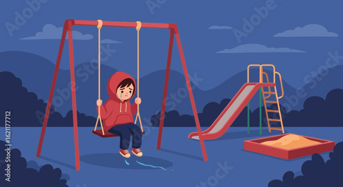 Cartoon illustration portraying a sad child sitting alone on a swing in the playground at night evoking emotions of loneliness and sadness