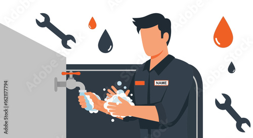 Cartoon Mechanic Washing Hands Before or After Work For Hygiene Concept