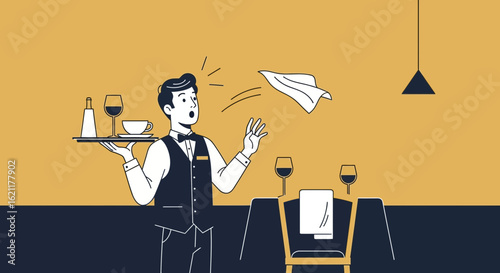Cartoon Waiter Surprised While Serving Tray With Falling Napkin At Restaurant