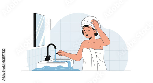 Cartoon woman in towel looking shocked at overflowing sink in bathroom cartoon illustration