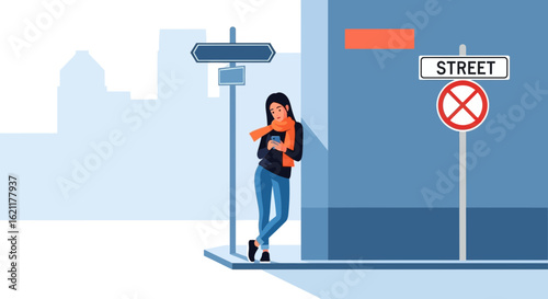 Cartoon Woman Using Smartphone on City Street Corner with Directional Signs