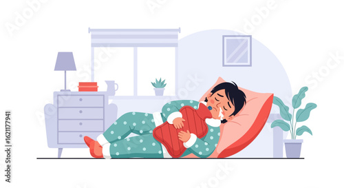 Cartoon Woman Suffering From The Flu Resting In Bed At Home