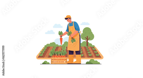 Cartoonish Man Harvesting Ripe Carrots From His Home Garden Illustration