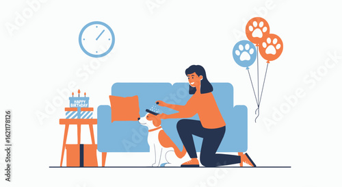 Celebrating a furry friend's birthday with love and grooming in vibrant illustration