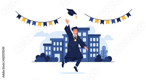 Celebrating Graduation: A student throws his graduation cap in the air with joy and enthusiasm as he celebrates his academic achievement