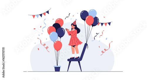 Celebrating Milestone Moment Cheerful Woman On Chair Surrounded By Balloons