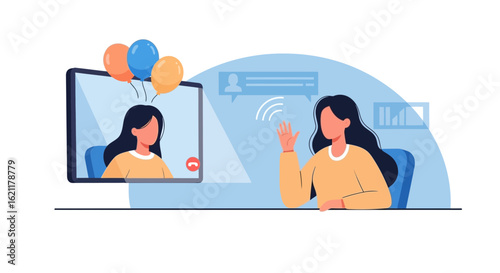 Celebrating remotely: Illustration of a woman video calling her friend online