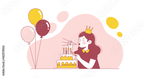 Celebration Birthday With Balloons For Young Beautiful Woman Wearing Crown