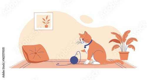 Charming illustration depicting a playful ginger cat enjoying playtime indoors with a yarn ball