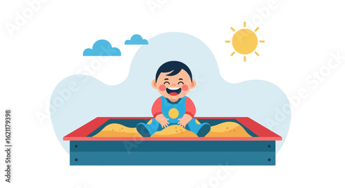 Cheerful baby playing in a sandbox under a sunny sky creates a joyful scene