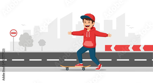 Cheerful cartoon boy rides skateboard down city street spreading happiness to others