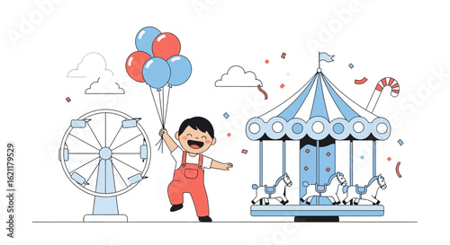 Cheerful Cartoon Boy With Balloons Having Fun At The Amusement Park