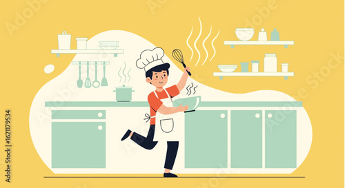 Cheerful cartoon chef cooking in a bright and colorful kitchen illustration design