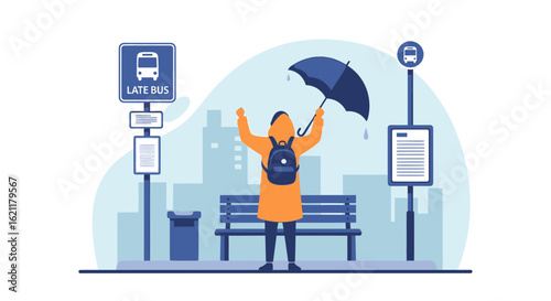 Cheerful Character Waiting For Bus At Bus Stop In Rainy City Environment