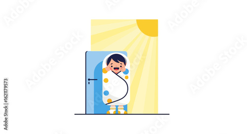 Cheerful Child Wrapped in Blanket Standing Near Doorway Welcoming the Day